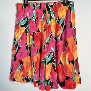 Vtg Jeanne Pierre Womens L Floral Long Culotte Shorts Elastic Waist Tulips EUC